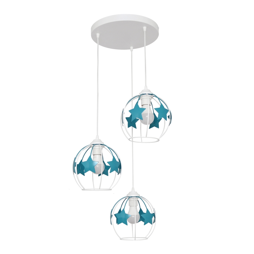 Candeeiro suspenso de criança STARS 3xE27/15W/230V turquesa/branco