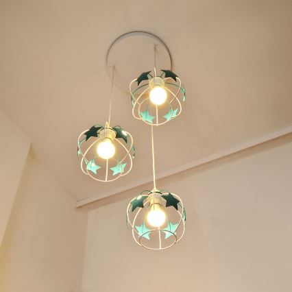 Candeeiro suspenso de criança STARS 3xE27/15W/230V turquesa/branco