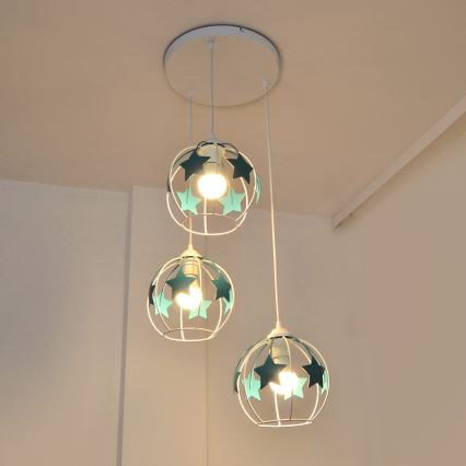 Candeeiro suspenso de criança STARS 3xE27/15W/230V turquesa/branco