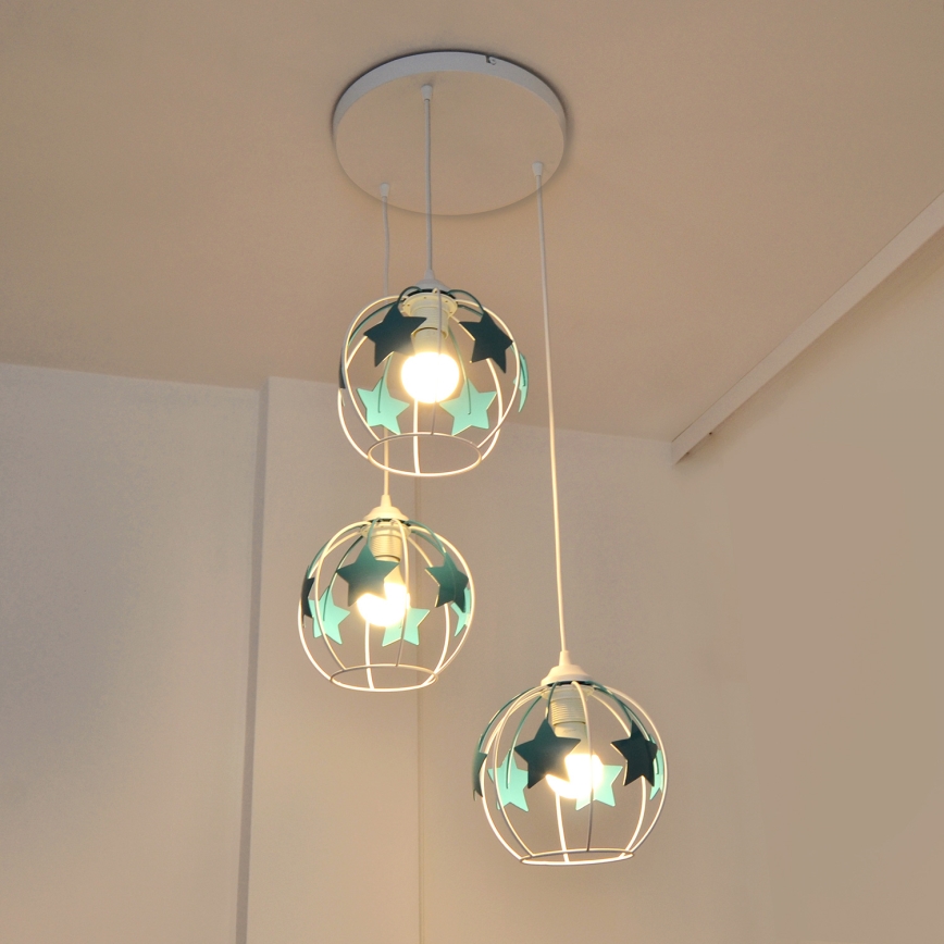 Candeeiro suspenso de criança STARS 3xE27/15W/230V turquesa/branco