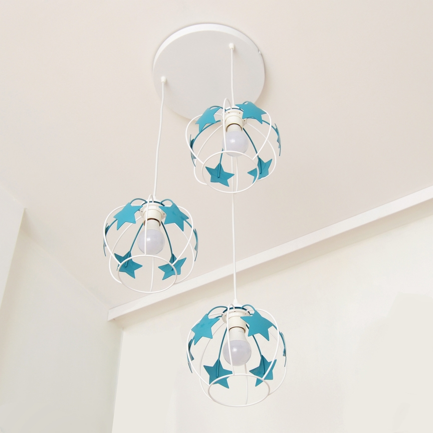 Candeeiro suspenso de criança STARS 3xE27/15W/230V turquesa/branco
