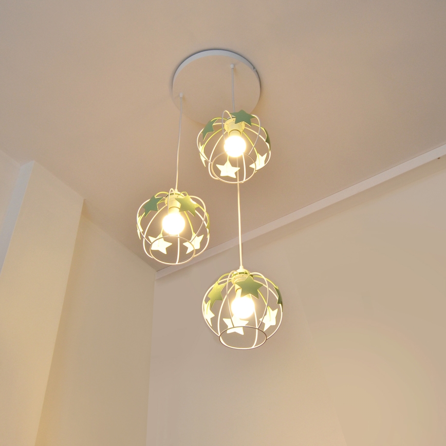 Candeeiro suspenso de criança STARS 3xE27/15W/230V verde/branco