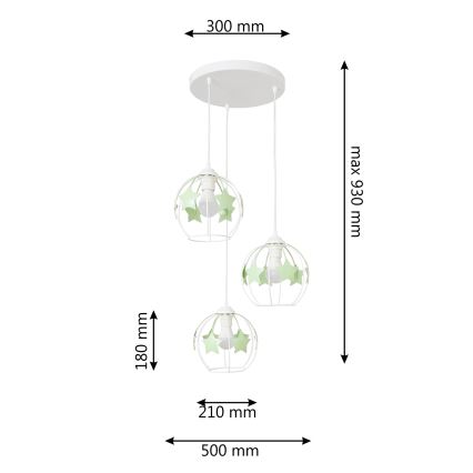 Candeeiro suspenso de criança STARS 3xE27/15W/230V verde/branco