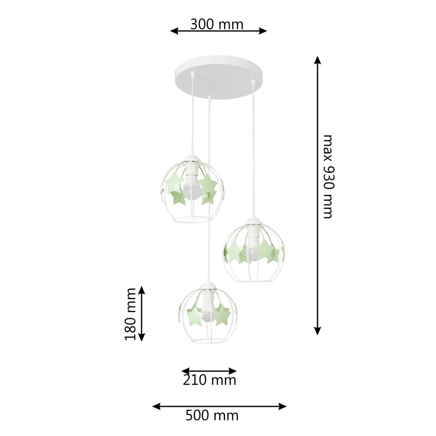 Candeeiro suspenso de criança STARS 3xE27/15W/230V verde/branco