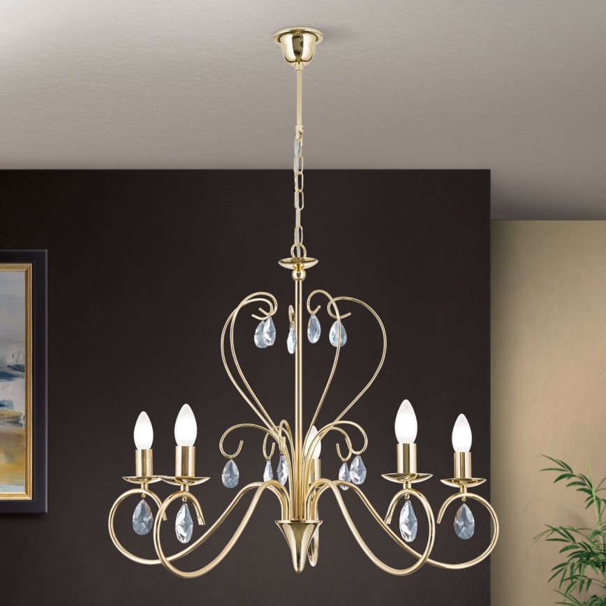 Candeeiro suspenso de cristal ALESSIA 5xE14/40W/230V dourado