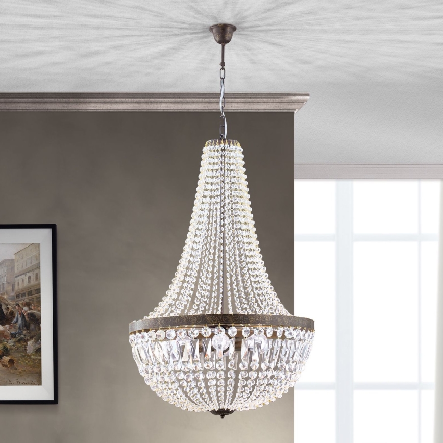 Candeeiro suspenso de cristal ARILA 6xE27/60W/230V diâmetro 60 cm castanho/pátina