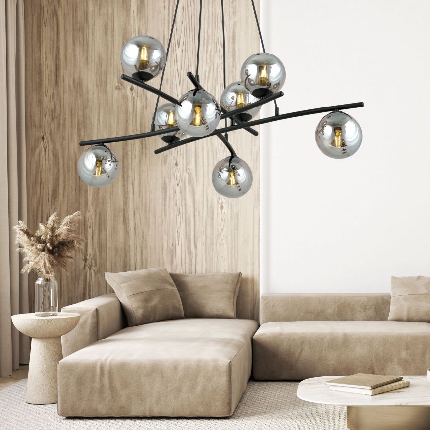 Candeeiro suspenso ESSA 8xE14/10W/230V preto/fumado