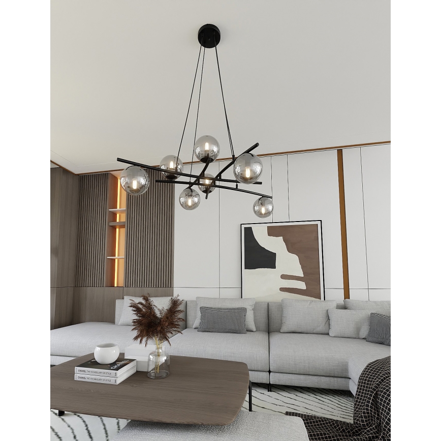 Candeeiro suspenso ESSA 8xE14/10W/230V preto/fumado