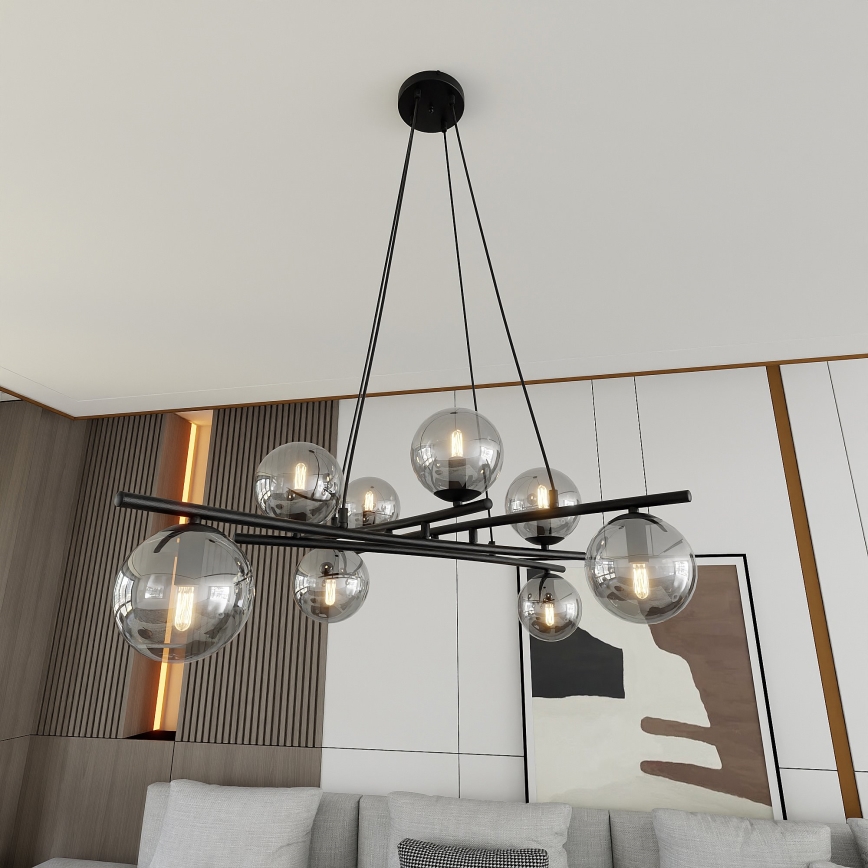 Candeeiro suspenso ESSA 8xE14/10W/230V preto/fumado