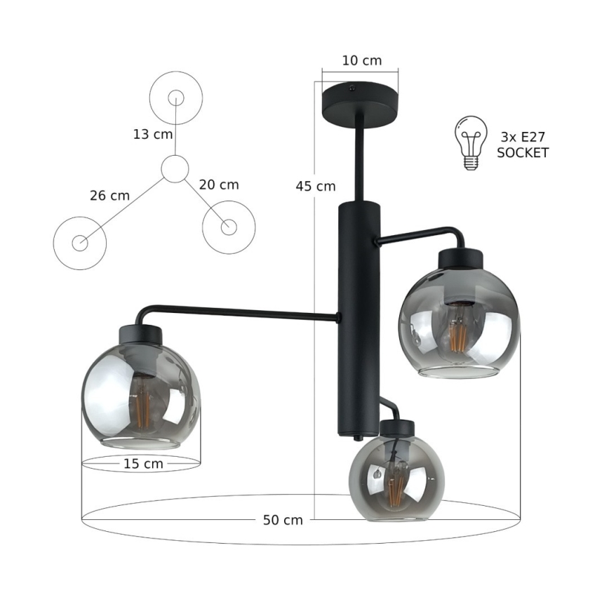 Candeeiro suspenso FLEX 3xE27/60W/230V preto/fumado preto