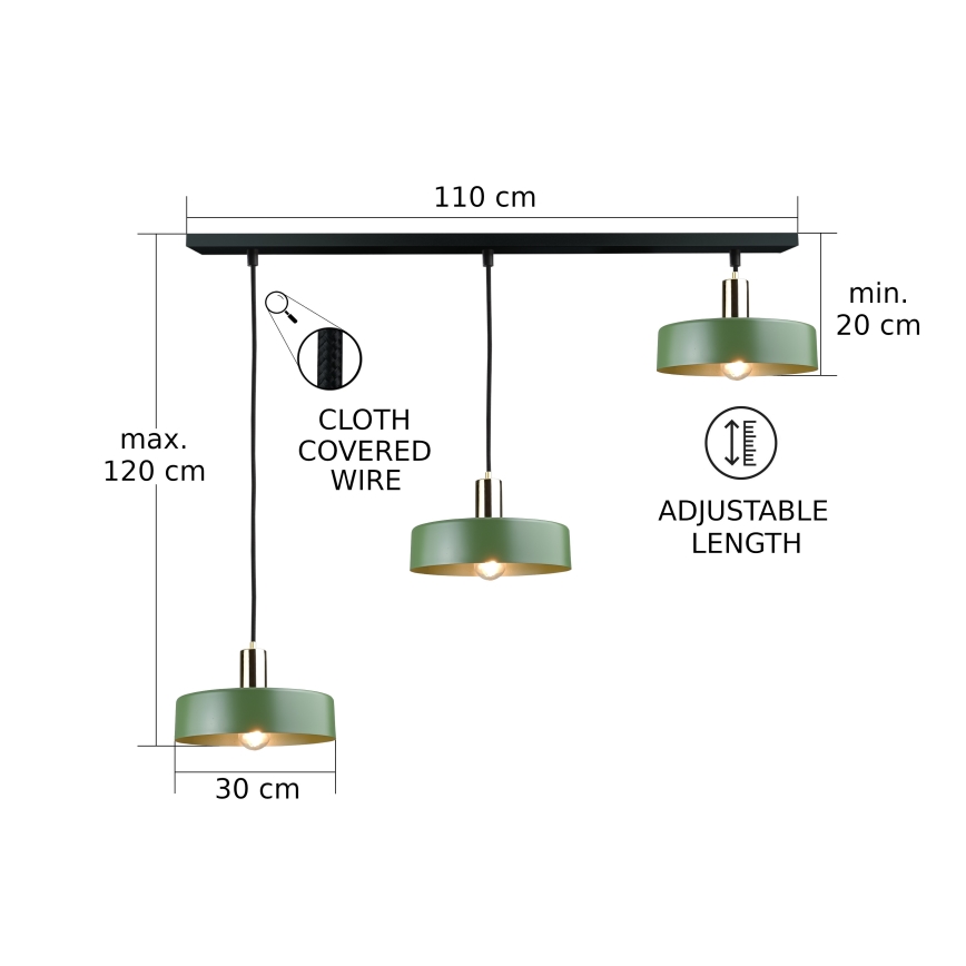 Candeeiro suspenso HAKI 3xE27/60W/230V verde/preto/cromado brilhante