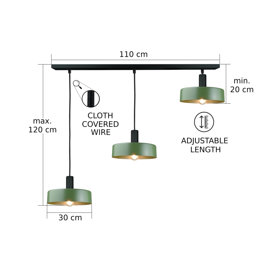 Candeeiro suspenso HAKI 3xE27/60W/230V verde/preto