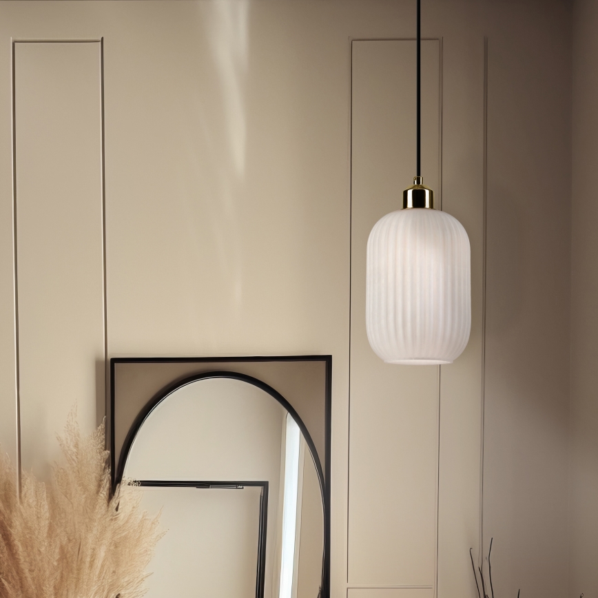 Candeeiro suspenso HARMA 1xE27/15W/230V diâmetro 14 cm branco/dourado