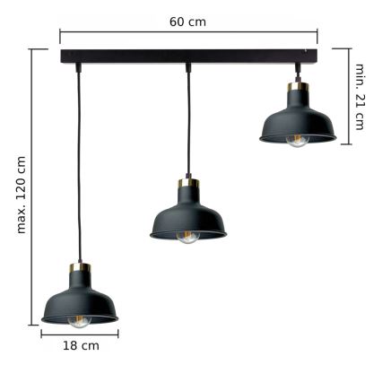 Candeeiro suspenso HEBE 3xE27/60W/230V preto