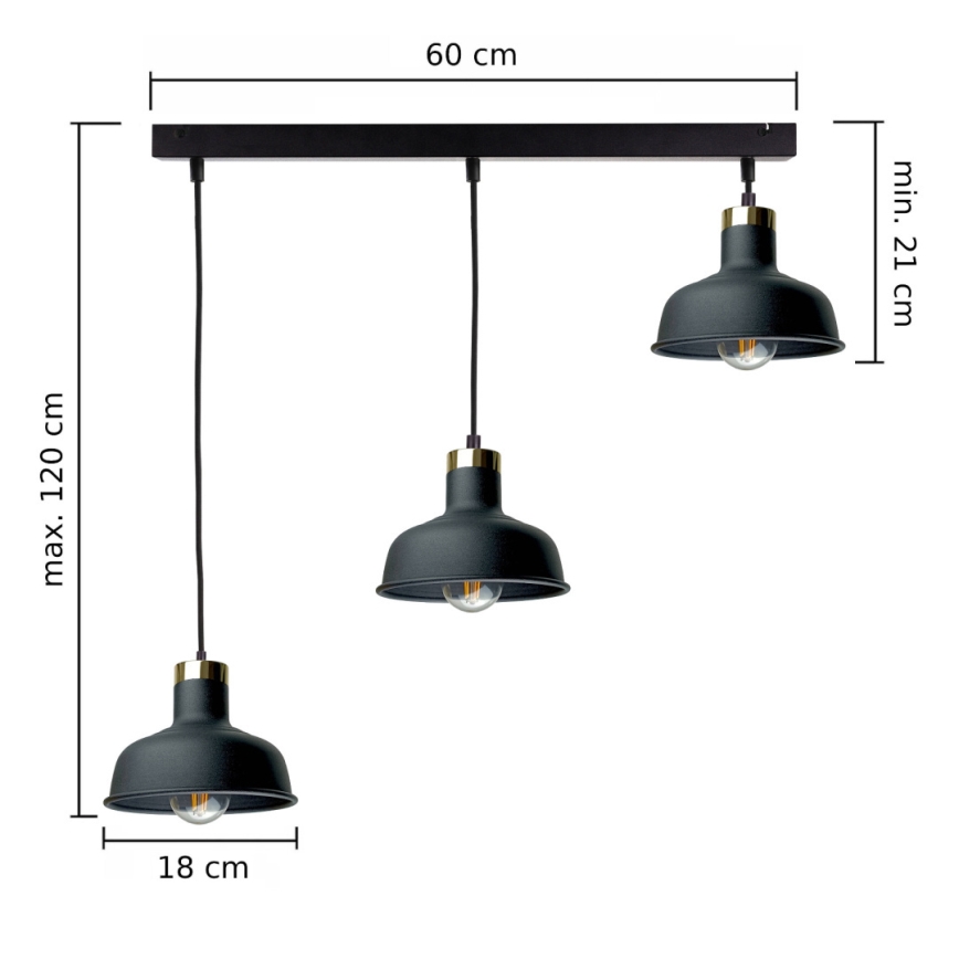 Candeeiro suspenso HEBE 3xE27/60W/230V preto