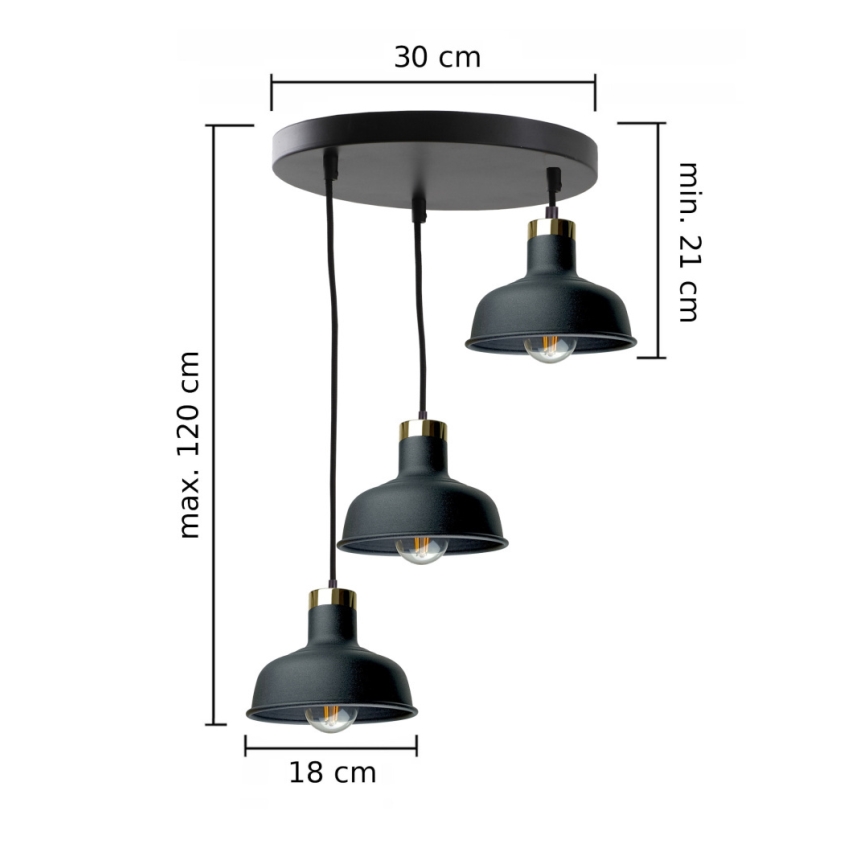 Candeeiro suspenso HEBE 3xE27/60W/230V preto