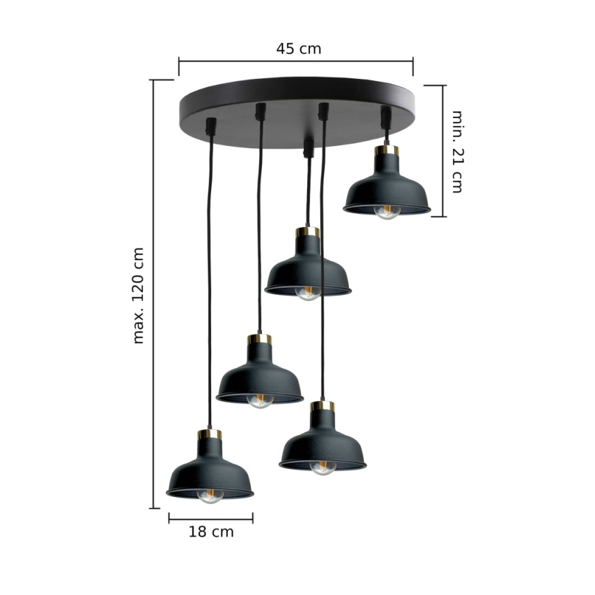 Candeeiro suspenso HEBE 5xE27/60W/230V preto