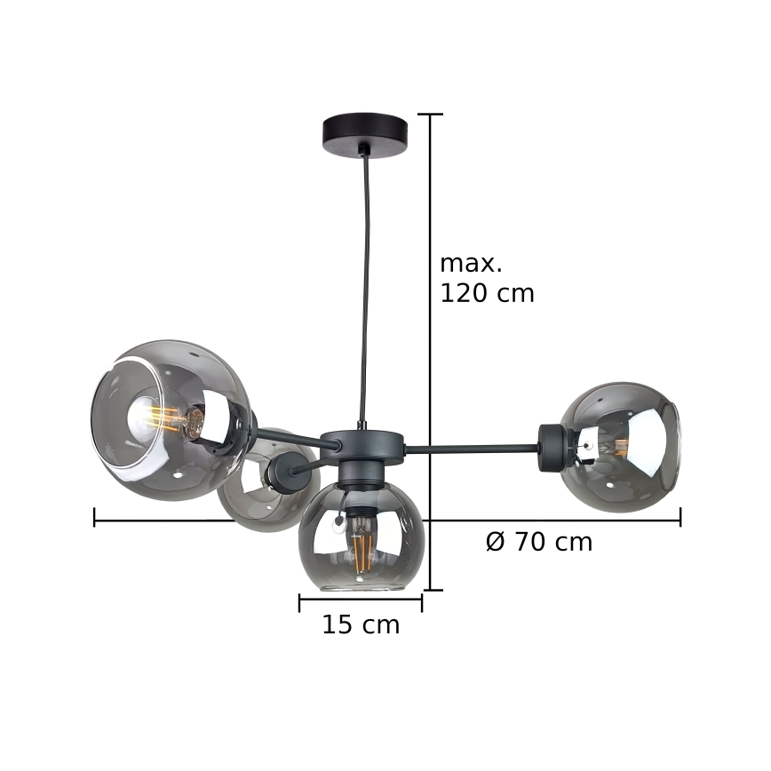 Candeeiro suspenso KALIOPE 4xE27/60W/230V preto/fumado preto