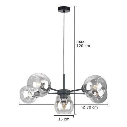 Candeeiro suspenso KALIOPE 6xE27/60W/230V preto/transparente