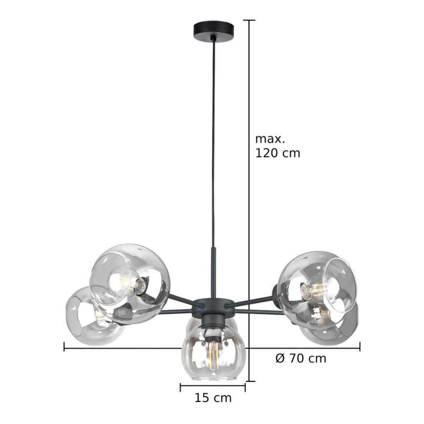 Candeeiro suspenso KALIOPE 6xE27/60W/230V preto/transparente