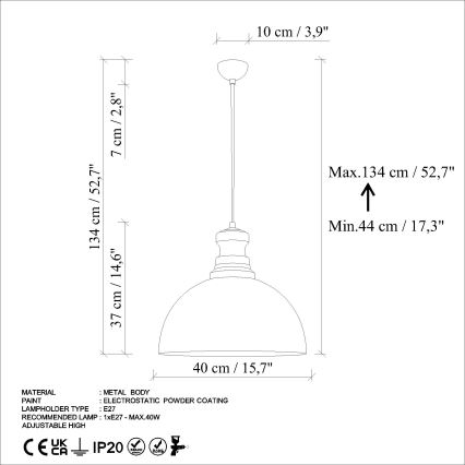 Candeeiro suspenso KURE 1xE27/40W/230V diâmetro 40 cm cinzento