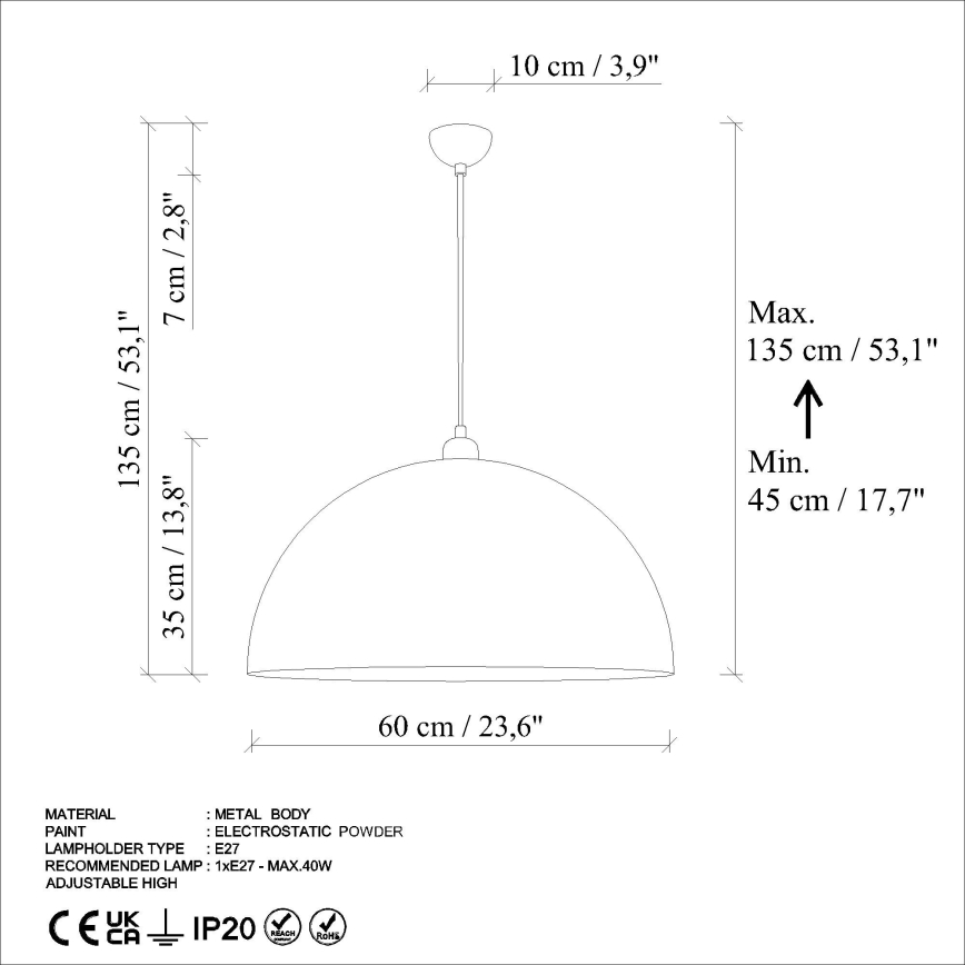 Candeeiro suspenso KURE 1xE27/40W/230V diâmetro 60 cm cinzento
