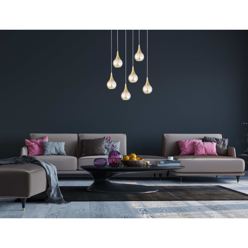 Candeeiro suspenso LACRIMA HONEY 6xE27/60W/230V branco/dourado/fumado bege