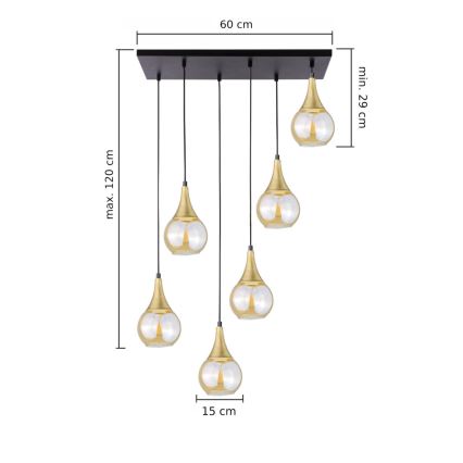 Candeeiro suspenso LACRIMA HONEY 6xE27/60W/230V preto/dourado/fumado bege