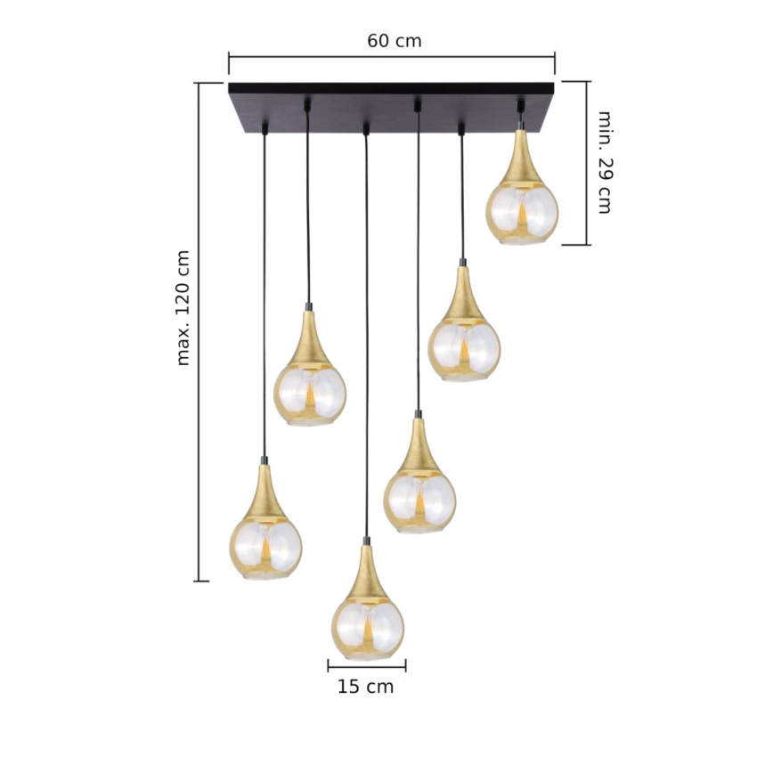 Candeeiro suspenso LACRIMA HONEY 6xE27/60W/230V preto/dourado/fumado bege