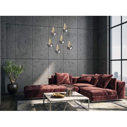 Candeeiro suspenso LACRIMA SMOKY 6xE27/60W/230V preto/dourado/fumado preto