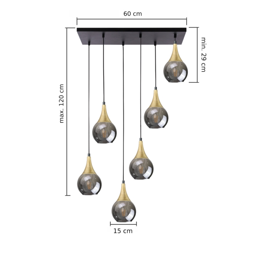 Candeeiro suspenso LACRIMA SMOKY 6xE27/60W/230V preto/dourado/fumado preto