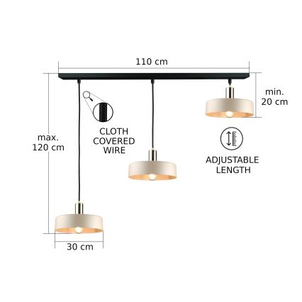 Candeeiro suspenso LATTE 3xE27/60W/230V bege/preto/cromado brilhante