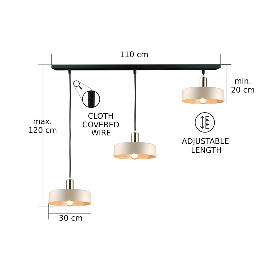 Candeeiro suspenso LATTE 3xE27/60W/230V bege/preto/cromado brilhante