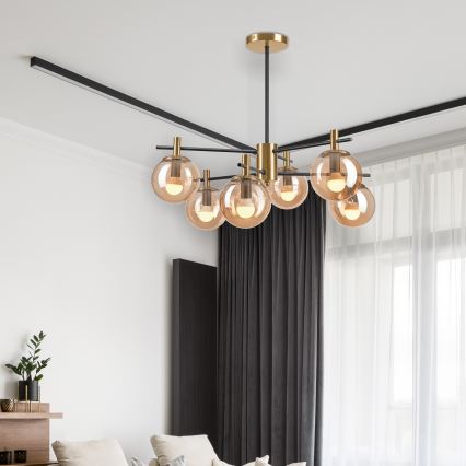Candeeiro suspenso LILOU 6xE14/5W/230V dourado/preto/fumado bege