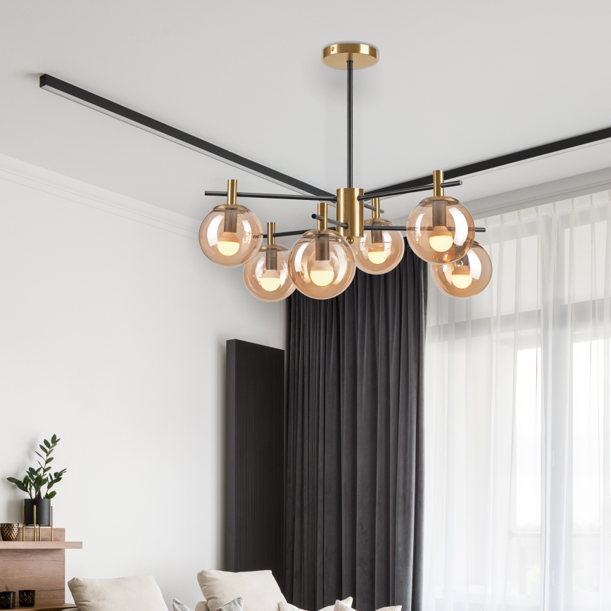 Candeeiro suspenso LILOU 6xE14/5W/230V dourado/preto/fumado bege