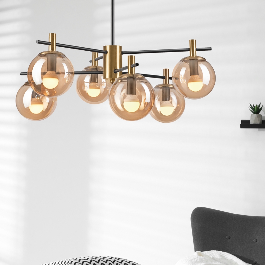 Candeeiro suspenso LILOU 6xE14/5W/230V dourado/preto/fumado bege