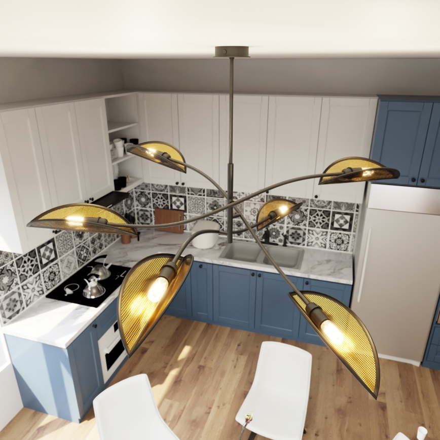 Candeeiro suspenso LOTUS 6xE14/10W/230V preto/dourado