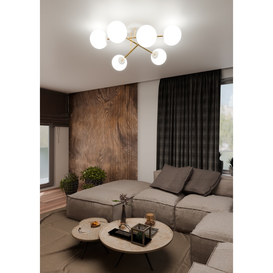 Candeeiro suspenso MAGNUM 6xE14/10W/230V branco/dourado