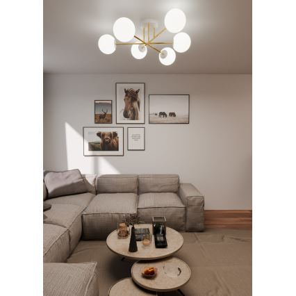 Candeeiro suspenso MAGNUM 6xE14/10W/230V branco/dourado