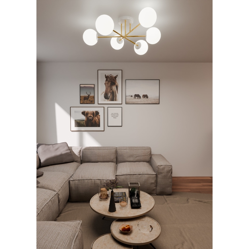 Candeeiro suspenso MAGNUM 6xE14/10W/230V branco/dourado