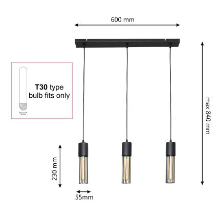 Candeeiro suspenso MELODY 3xE27/15W/230V preto
