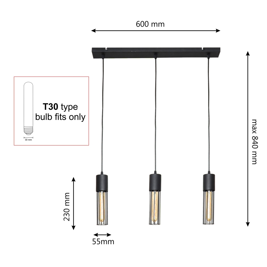 Candeeiro suspenso MELODY 3xE27/15W/230V preto