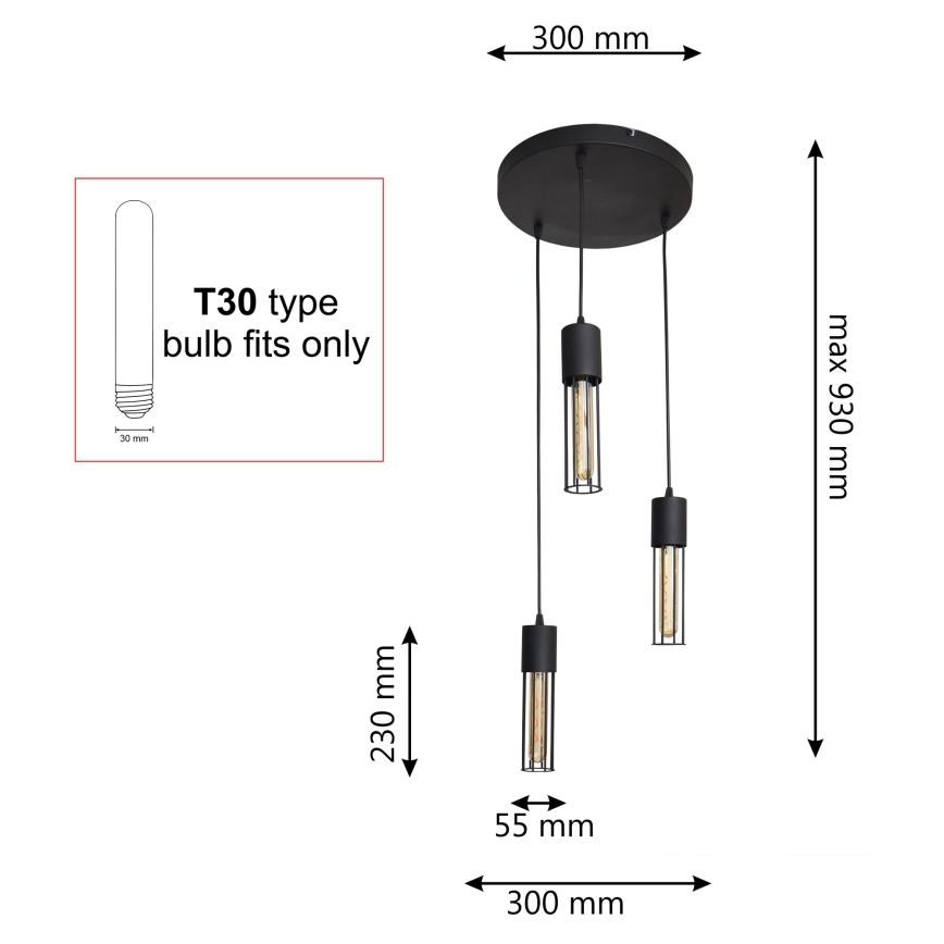 Candeeiro suspenso MELODY 3xE27/15W/230V preto