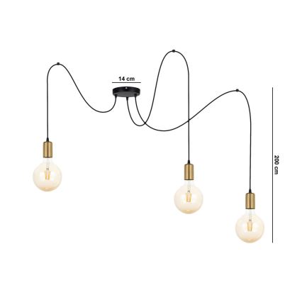 Candeeiro suspenso MIROS 3xE27/60W/230V aranha preto/dourado