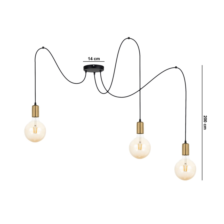 Candeeiro suspenso MIROS 3xE27/60W/230V aranha preto/dourado