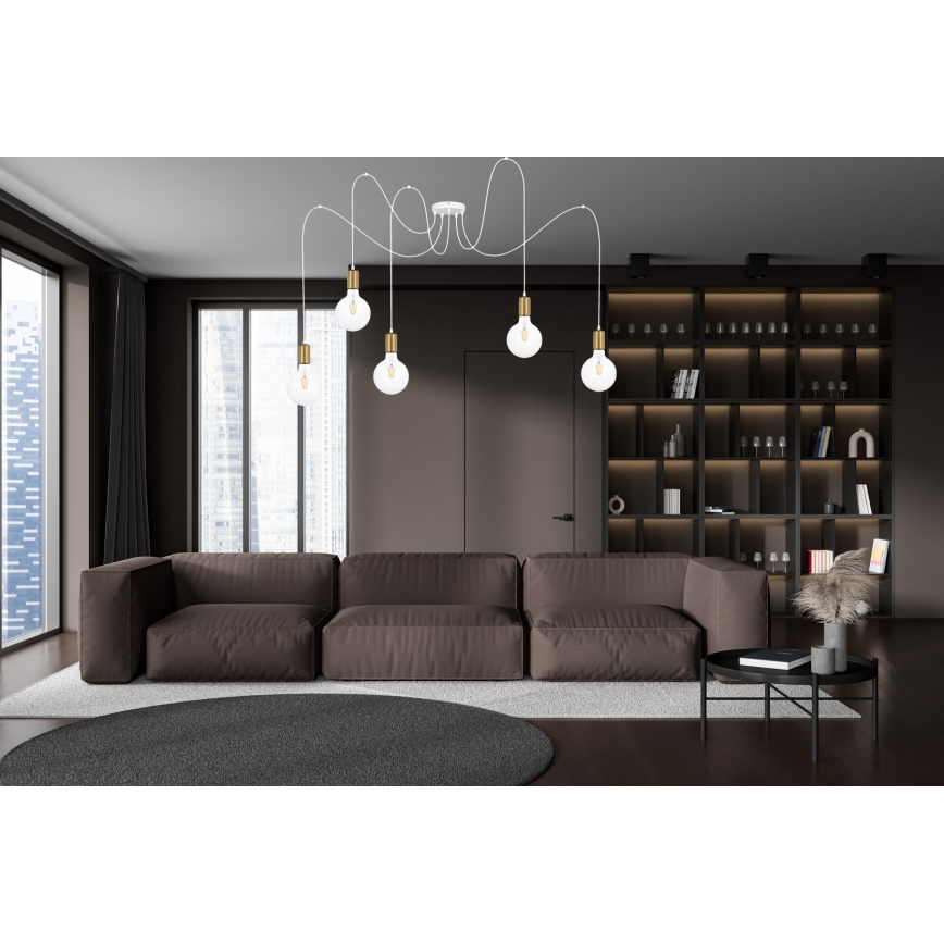 Candeeiro suspenso MIROS 5xE27/60W/230V aranha branco/dourado