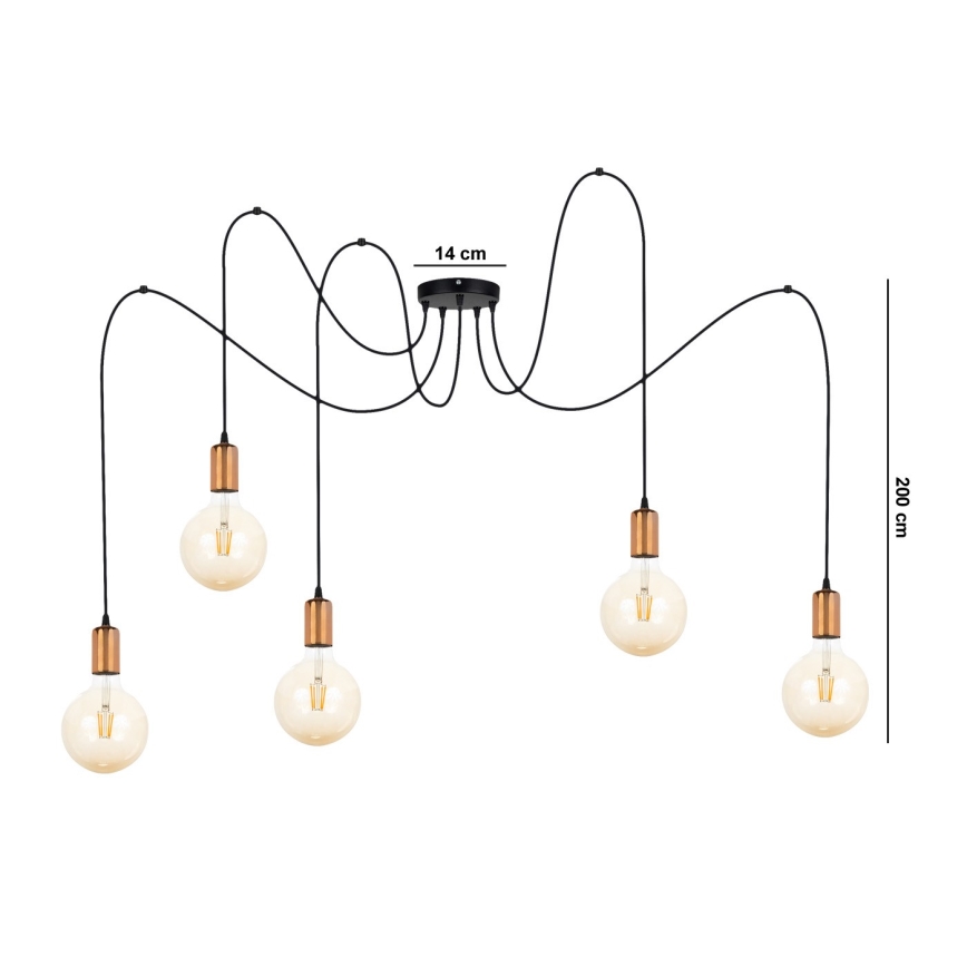 Candeeiro suspenso MIROS 5xE27/60W/230V aranha preto/cobre