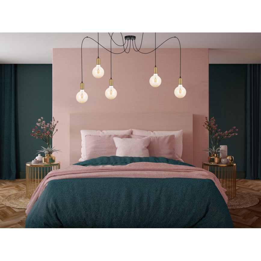 Candeeiro suspenso MIROS 5xE27/60W/230V aranha preto/dourado