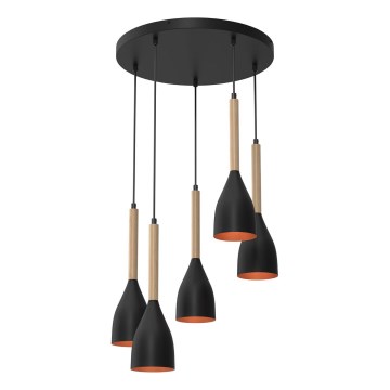 Candeeiro suspenso MUZA 5xE27/15W/230V preto/bege/cobre/faia