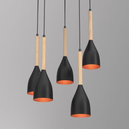 Candeeiro suspenso MUZA 5xE27/15W/230V preto/bege/cobre/faia